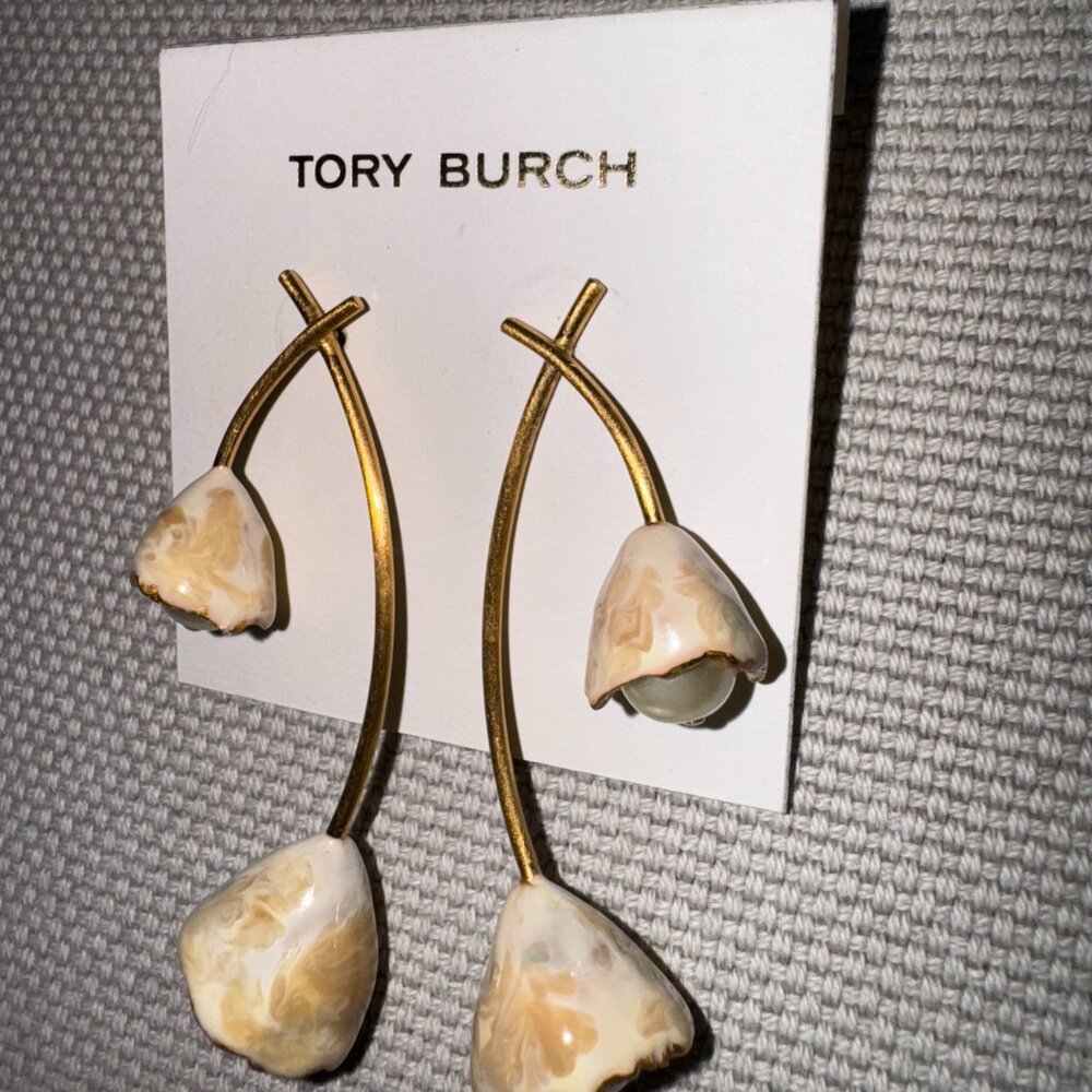 Tory Burch Gold Tone Drop Earrings with Cream Swirl Stones